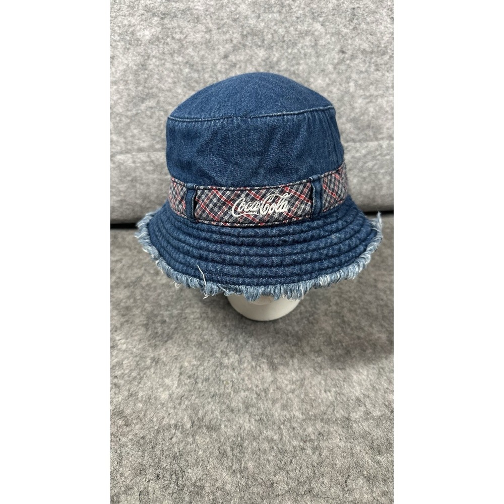 Vintage Coca-Cola Denim Bucket Hat Plaid Accent Frayed Edge